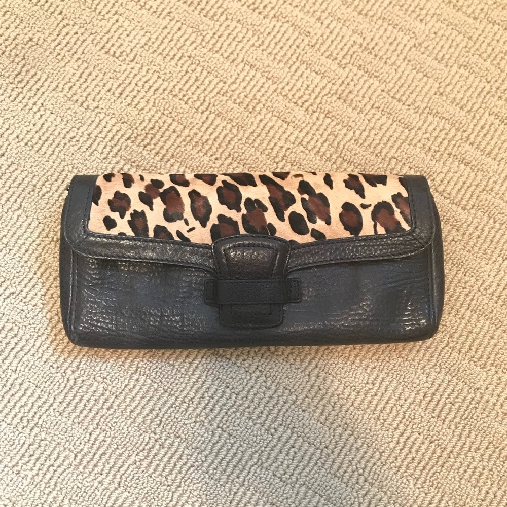 Brown Leather & Leopard Calf Hair Clutch